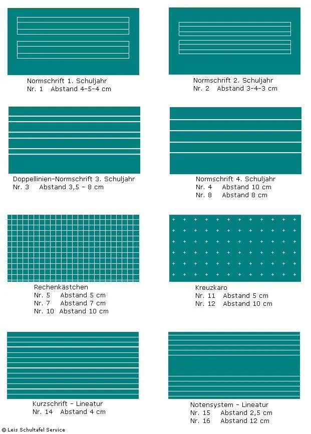 Übersicht verschiedener Tafel-Lineaturen wie Linien, Karos und Notenlinien